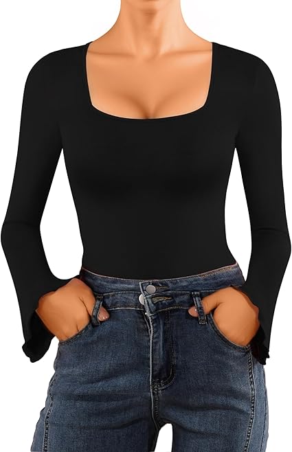 Long Sleeve Bodysuit for Women Sexy Square Neck Body Suits Flare Sleeves Going Out Tops